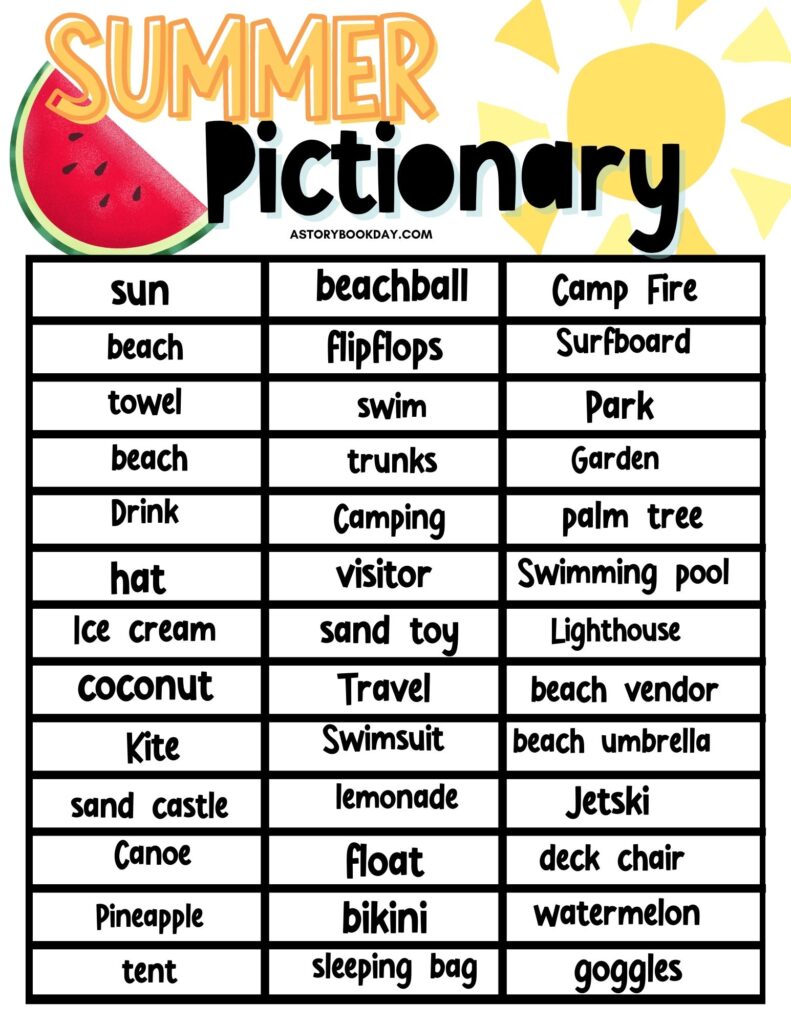 free printable summer pictionary game